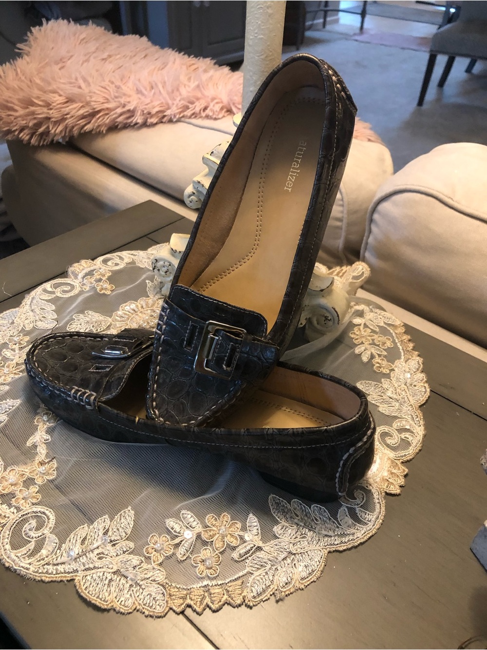 Naturalizer Slate grey/black Croc-Embossed Leather Loafers with Silver Buckle - Picture 5 of 5